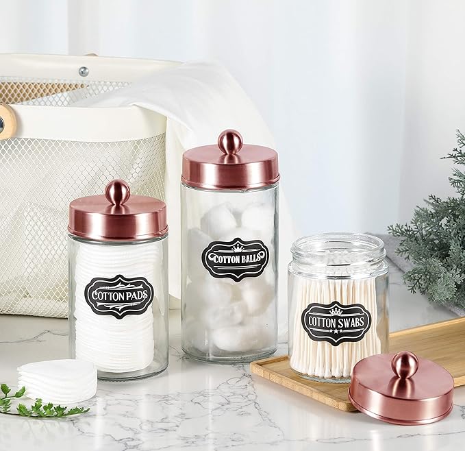 Apothecary Jars 3 Pack - Glass Bathroom Containers with Stainless Steel Lids - Rustic Farmhouse Decor Bathroom Accessories, Vanity Organizer Apothecary Jars for Qtip/Cotton Balls (Rose Gold)