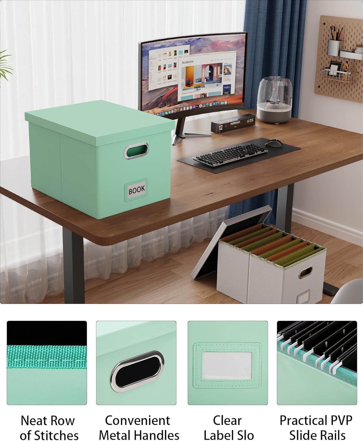 Oterri File Organizer Box,Filing Box with Lid,File Box for Letter/Legal File Folder Storage, Portable Hanging File Box for Office/Decor/Home,1 Pack, Mint-green(Leather),Box only