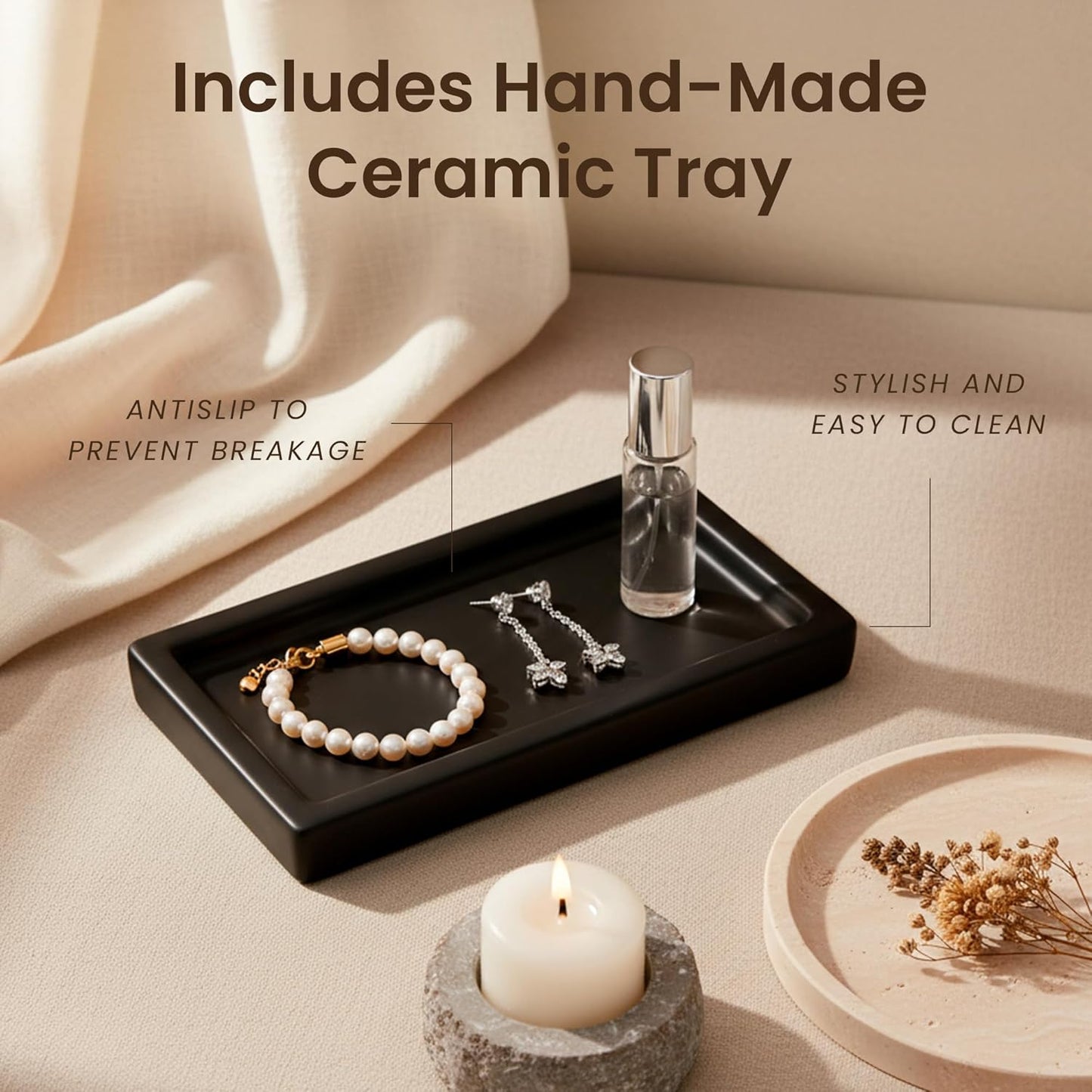 Maisonovo Kitchen Soap Dispenser Set | Hand and Dish Soap Dispenser Set with Handmade Ceramic Vanitry Tray and 16 Waterproof Labels | Green Glass Bottles & Black Pumps