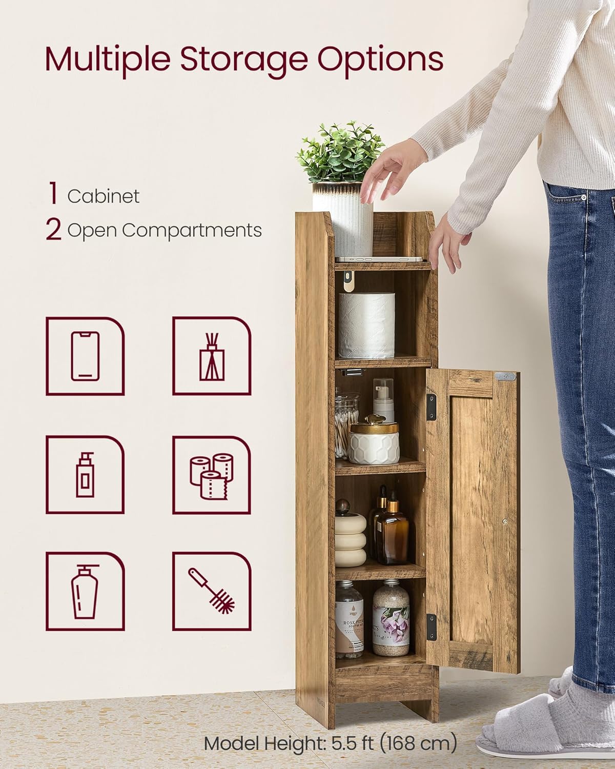 VASAGLE Small Storage Corner Floor Cabinet with Door, 7.9 x 7.1 x 31.5 Inches, Narrow Toilet Paper Storage Holder, Adjustable Shelves, for Bathroom, Living Room, Small Spaces, Honey Brown UBBK310K01