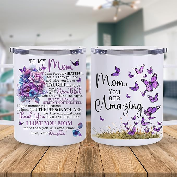 Hyturtle Mom Mug With Lid & Spoon Gifts from Daughter, 12oz Insulated Stainless Steel, Christmas Birthday Gifts for Mom Mother, Unique Purple Butterfly Gifts For Women Gift Coffee Tea Travel Cup