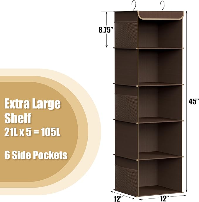 Simple Houseware 5 Shelf Hanging Closet Organizer, Brown
