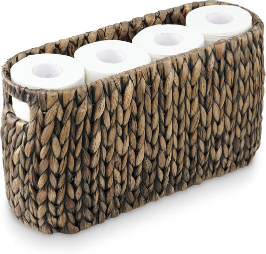 Toilet Paper Storage Basket, Toilet Paper Holder with Storage for Up to 8 Rolls, Coastal Bathroom Decor, Rattan Bathroom Accessories (Black Hyacinth, 6 Mega Rolls)