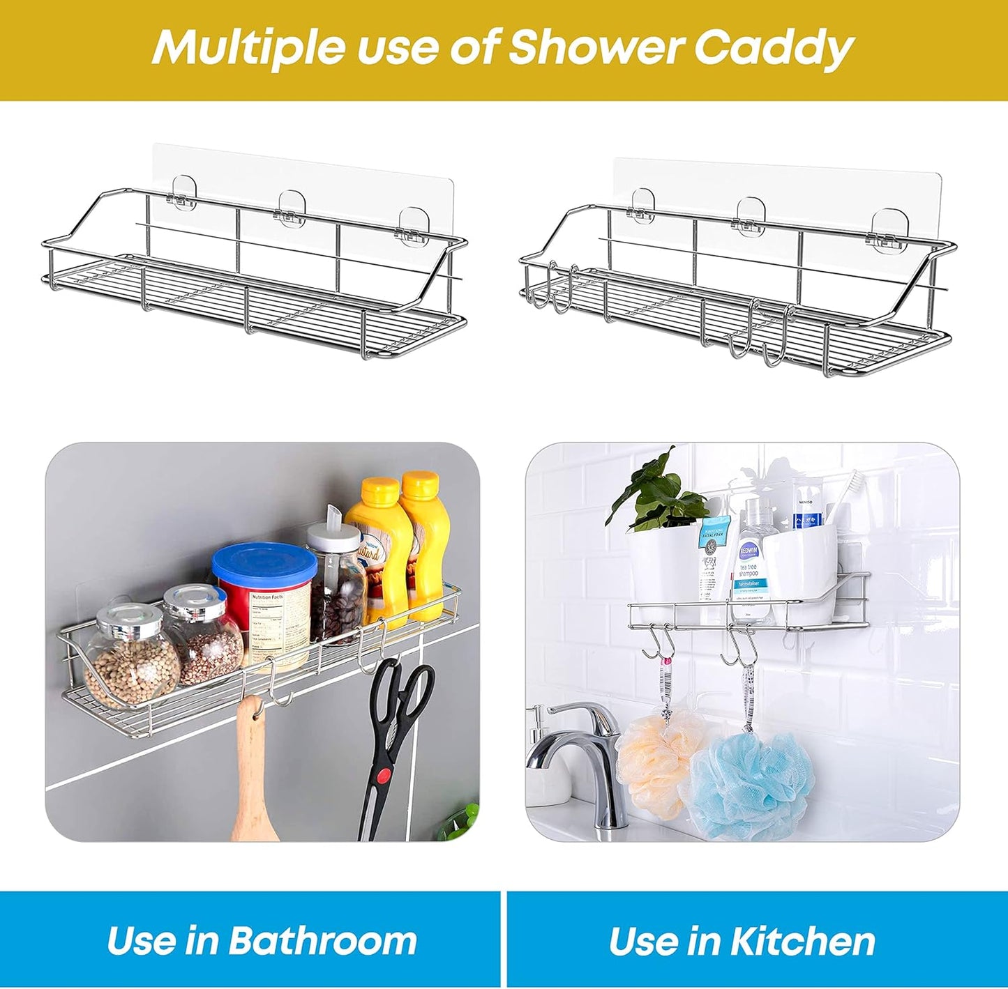 KESOL Adhesive Shower Caddy Shower Shelf Organizer for Bathroom Organization with Hooks, SUS304 Stainless Steel, 2 Pack (Silver)