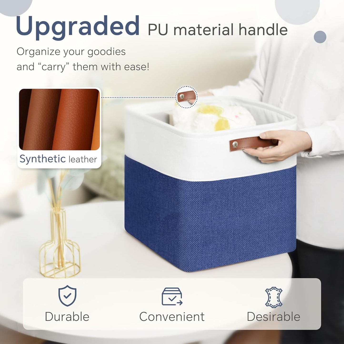 Cube Storage Baskets 6 Pack, 11x11 inch Foldable Cube Storage Bins with Leather Handles for Shelf Closet Nursery Toys (White/ Blue)