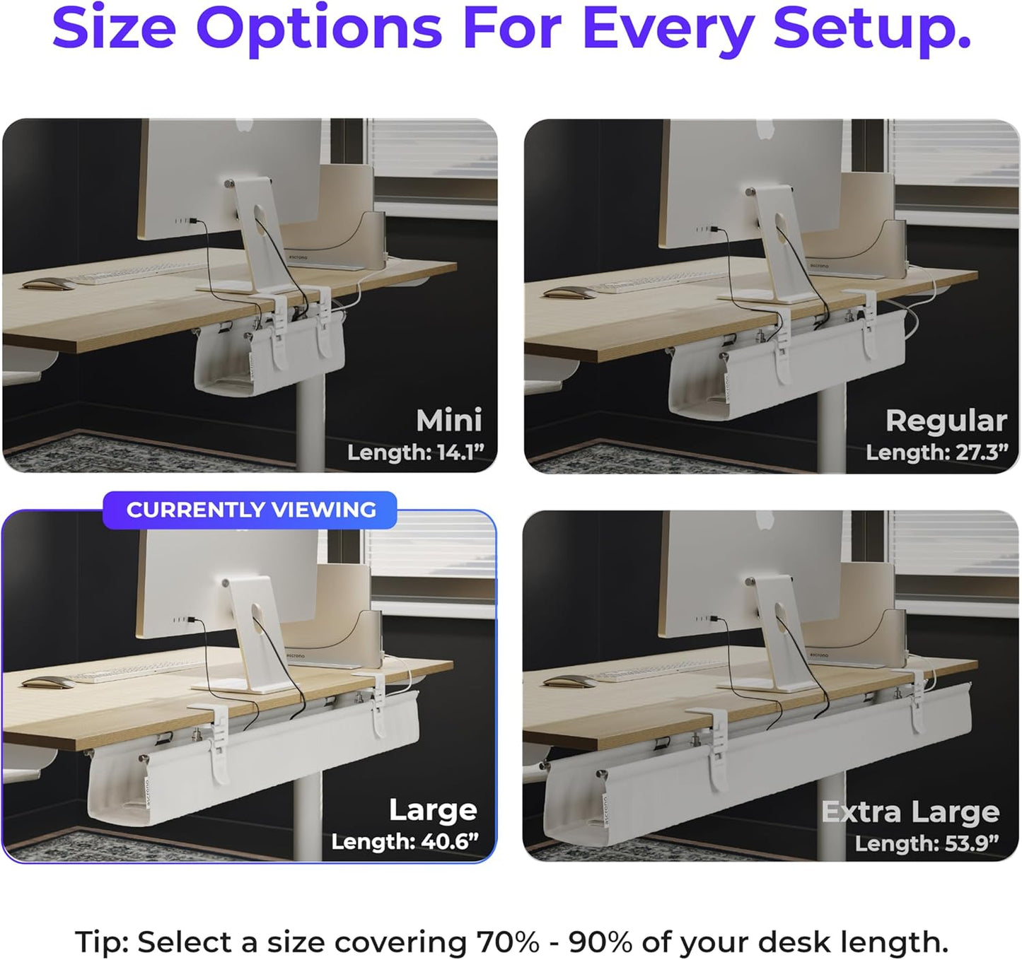 Ascrono Original No Drill Under Desk Cable Management Tray 40.6" - Premium White Fabric Cable Management Under Desk - Clamp/Screw Mount Cord Organizer - Supports Upto 66lbs - Large