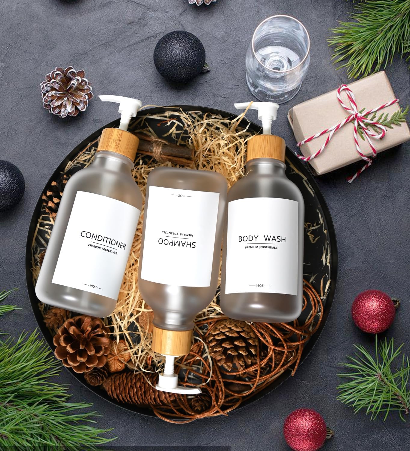 Frosted Plastic Shampoo and Conditioner Bottles, Apothecary Dispenser Bamboo Pump, Refillable Bottles for Shower Lotion, Oil, Hand Soap, Sanitizer, Liquid Soap, Set of 3 with 9 Labels (6, Matte Clear)