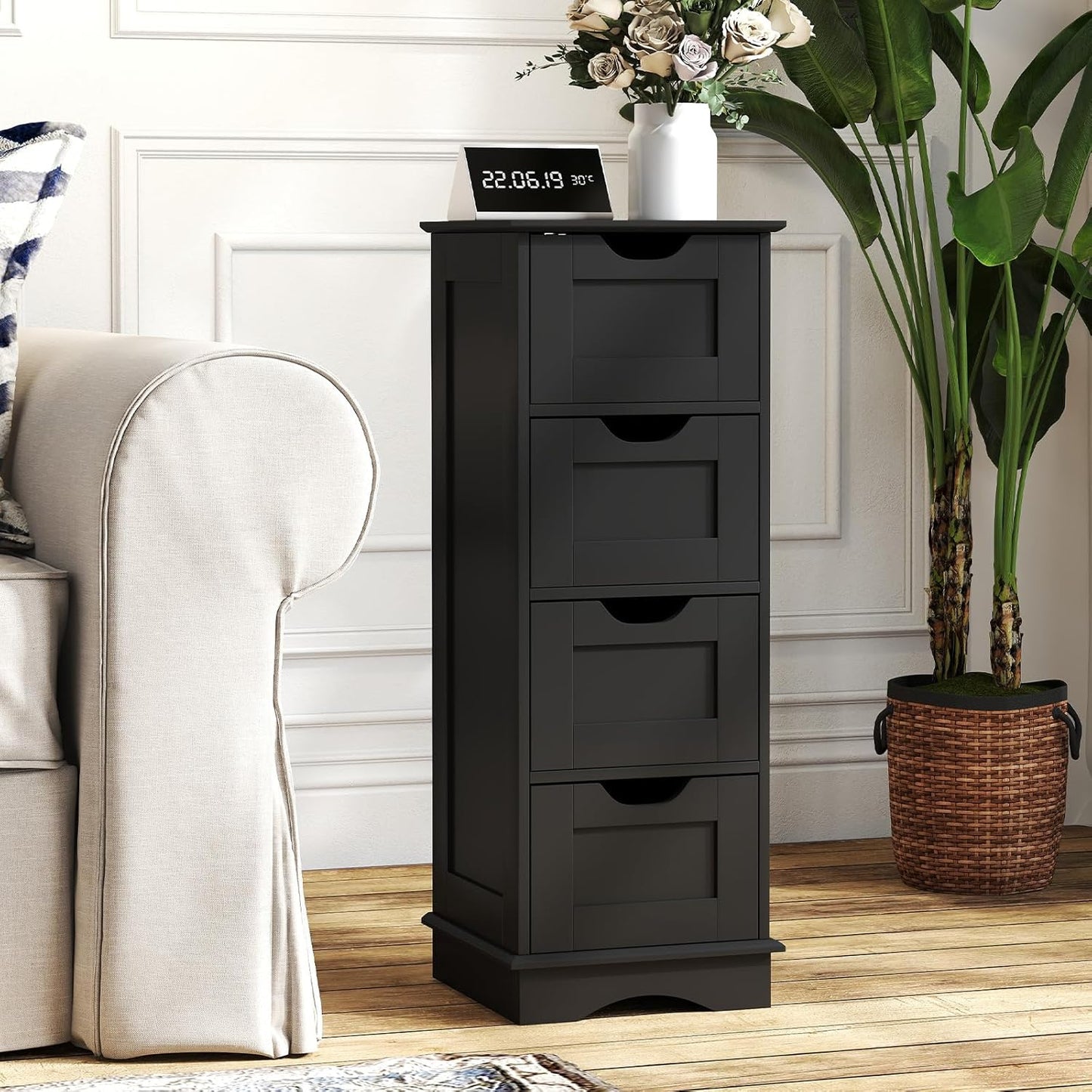 LOKO Bathroom Storage Cabinet with 4 Drawers, Narrow Floor Standing Cabinet with Cut-Out Handles, Anti-toppling Device, Home Storage Organizer Unit for Laundry Room, Living Room, Entryway (Black)