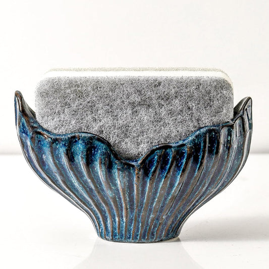 Sponge Holder for Kitchen Sink, Ceramic Sponge Holder with Fishtail Design, Sink Sponge Holders Caddy Organizer for Countertop, Farmhouse Kitchen Decor, Compact Sponge Holders(Blue)