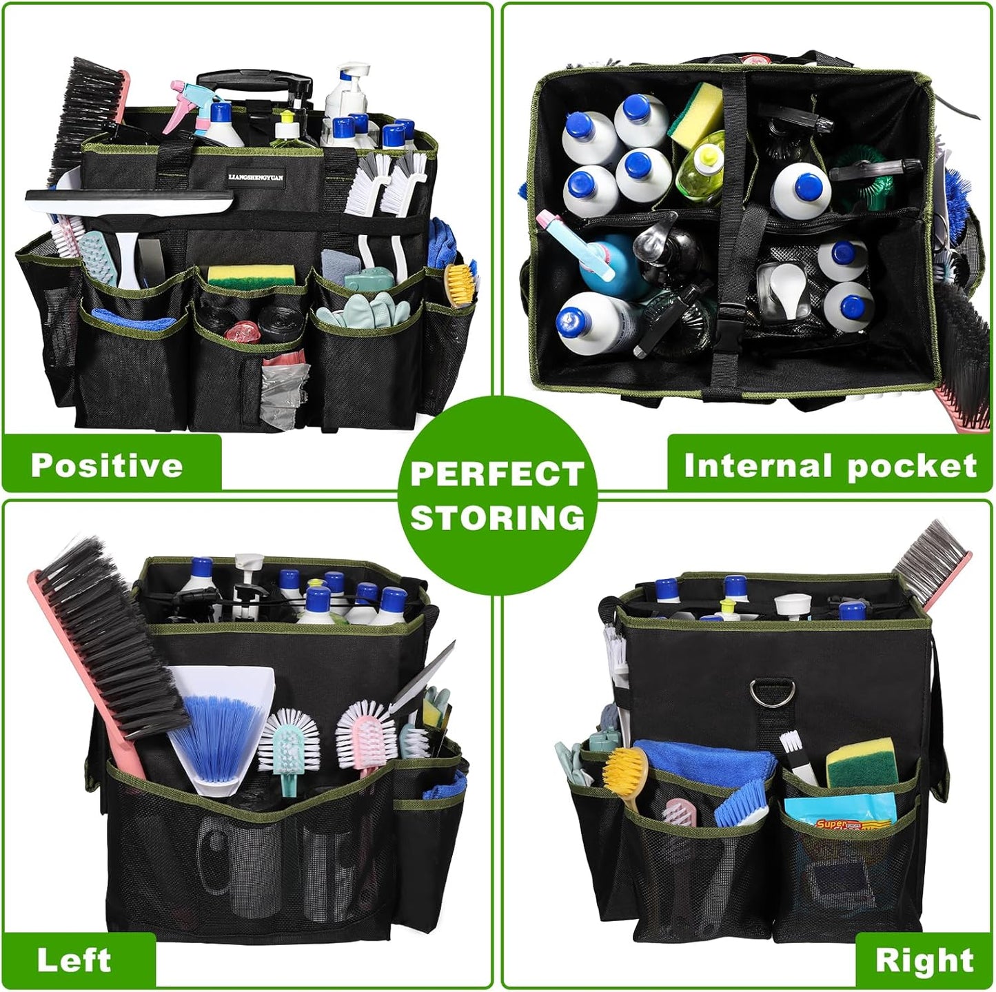 Large Rolling Cleaning Caddy Bag, Cleaning Caddy with Wheels with Detachable Trolley for Housekeepers, Water Resistant Cleaner Supplies Organizer with Wheels for Kitchen, Car, Picnic(Black-Green)