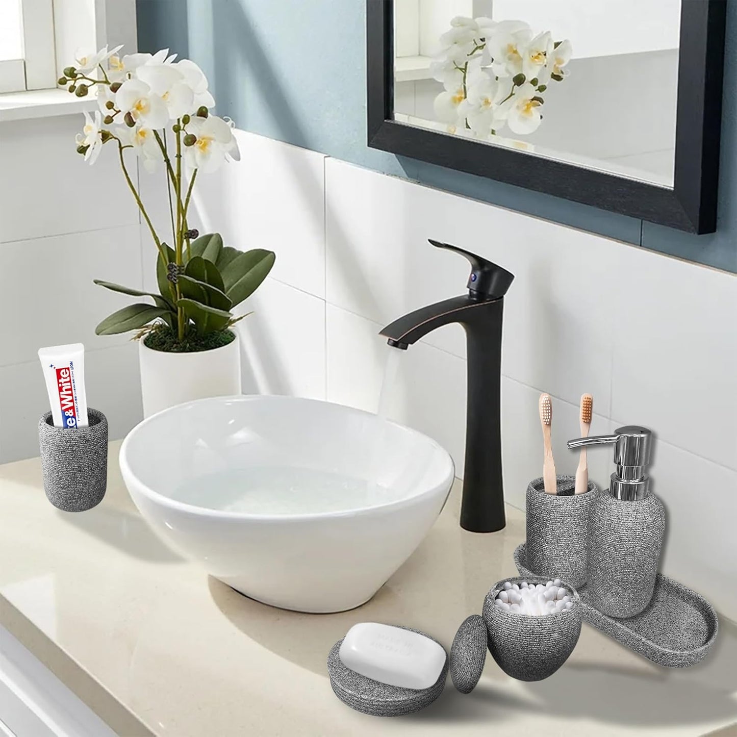 Bathroom Accessory Set, 6PCS Gray Bathroom Accessories - Soap Dish, Lotion Dispenser, Toothbrush Holder, Mouthwash Cup, Tray, Cotton Ball Jar, Aesthetic Decor Bathroom Sets