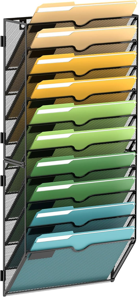 SUPEASY 10-Tier Wall File Organizer Mesh Office Mail Holder, Hanging Wall Organizer Magazine Rack for Office Black