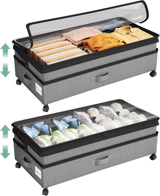Kitstorack Under Bed Storage with Wheels 2Pack Height-adjustable Under Bed Storage Containers,Under Bed Shoe Storage Organizer with Clear Window&Label, Suitable for Clothes Storage, Gray