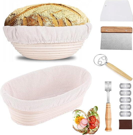 Sourdough Bread Baking Supplies, 9 Inch Round Bread Banneton Proofing Basket & 10 Inch Oval Proofing Basket with Liner Sourdough Starter Kit for Making Baking Fermentation