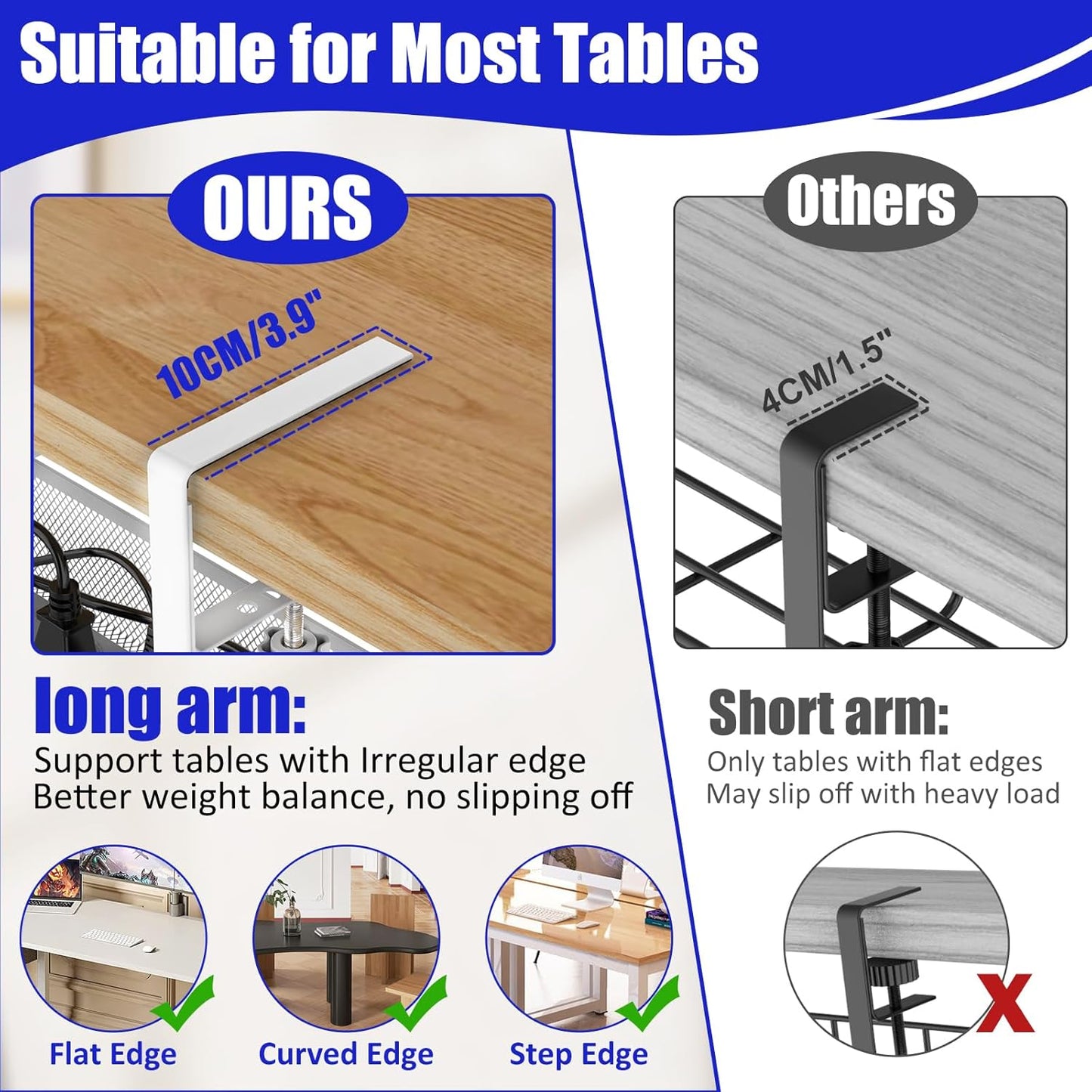Under Desk Cable Management Tray, Metal Long Arms(3.9in), No Drill Mesh Wire Management Tray Cable Box for Office, Desk Wire Organizer with Clamp Mount, 1 Pack, White