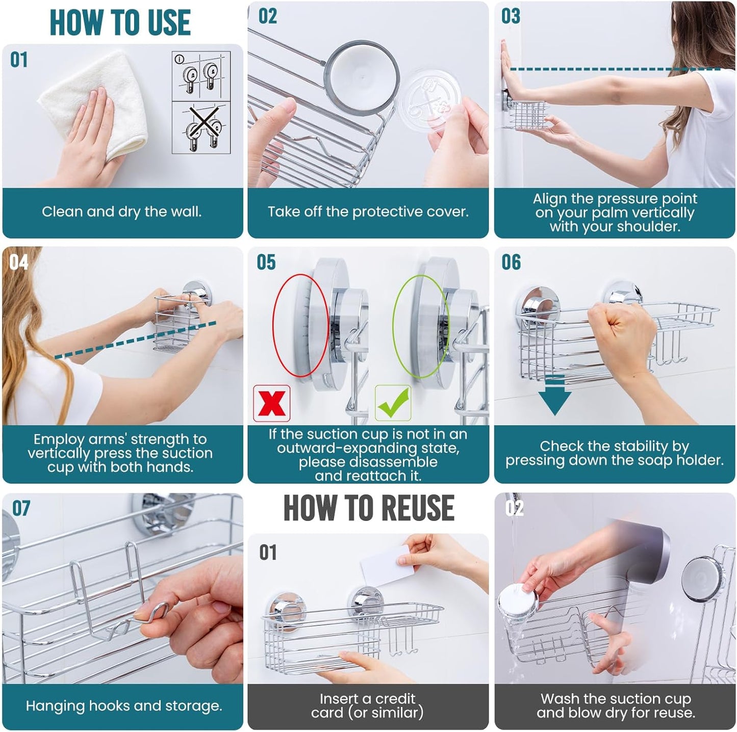 TAILI Shower Caddy Suction Cup, 3 Pack Shelves for Inside with Hooks & Soap holder Toothbrush Cups, Removable Bathroom Organizer, Rustproof Silver Holder Storage-Silver