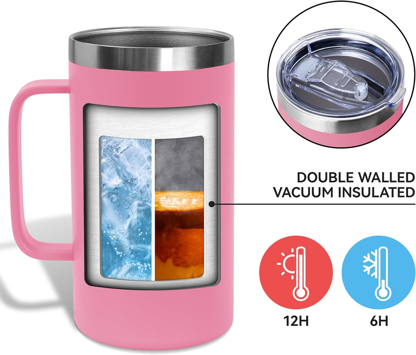 DOMICARE 24oz Mug with Handle and Lid, Stainless Steel Coffee Mug, Travel Mug with Handle, Double Wall Vacuum Coffee Tumbler, Reusable Insulated Cup, Pink, Pack 8