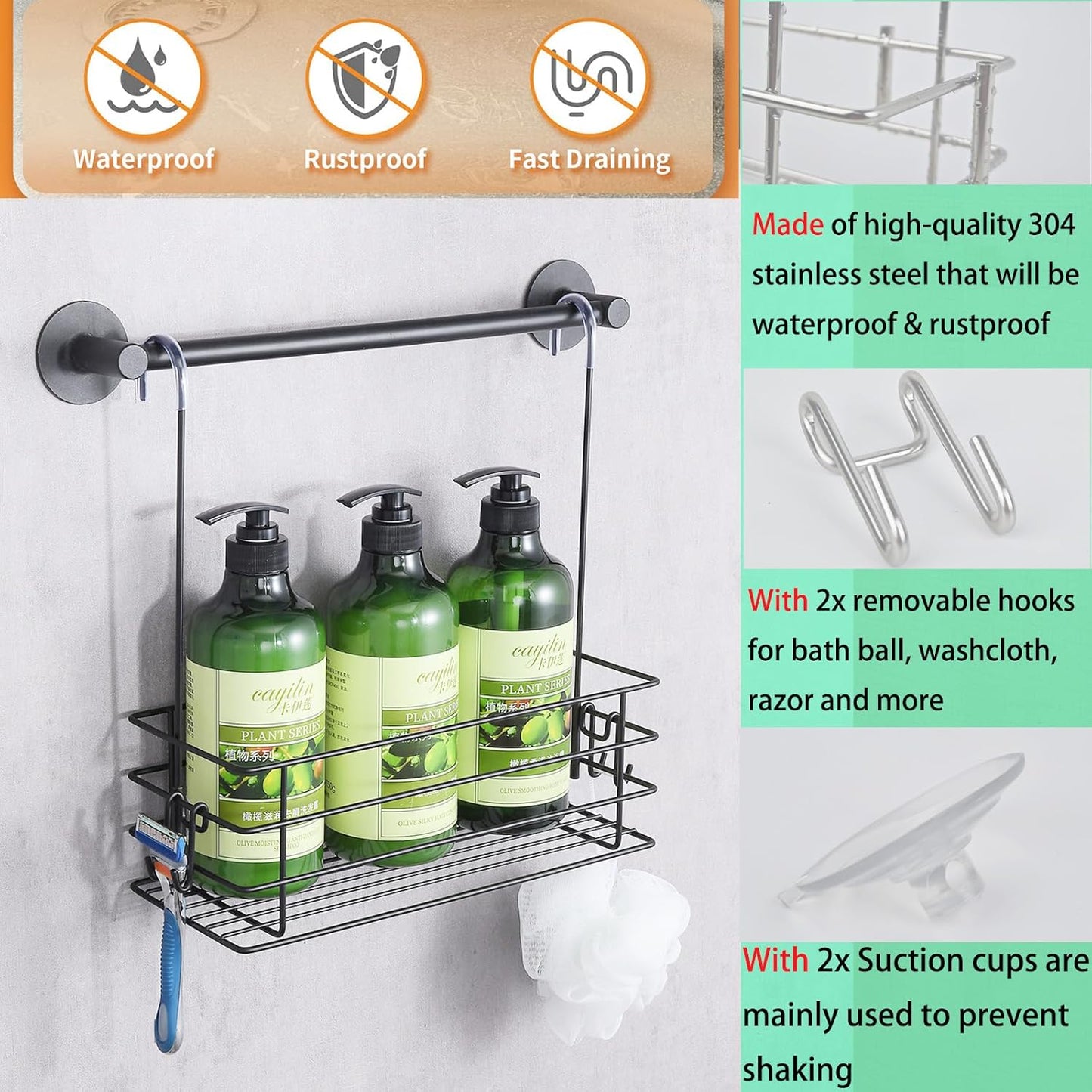 2pcs Single-Layer Shower Caddy Hanging Shower Orangizer Stainless Steel Shower Rack with Hooks Over The Door, Shampoo Basket Storage (Black)