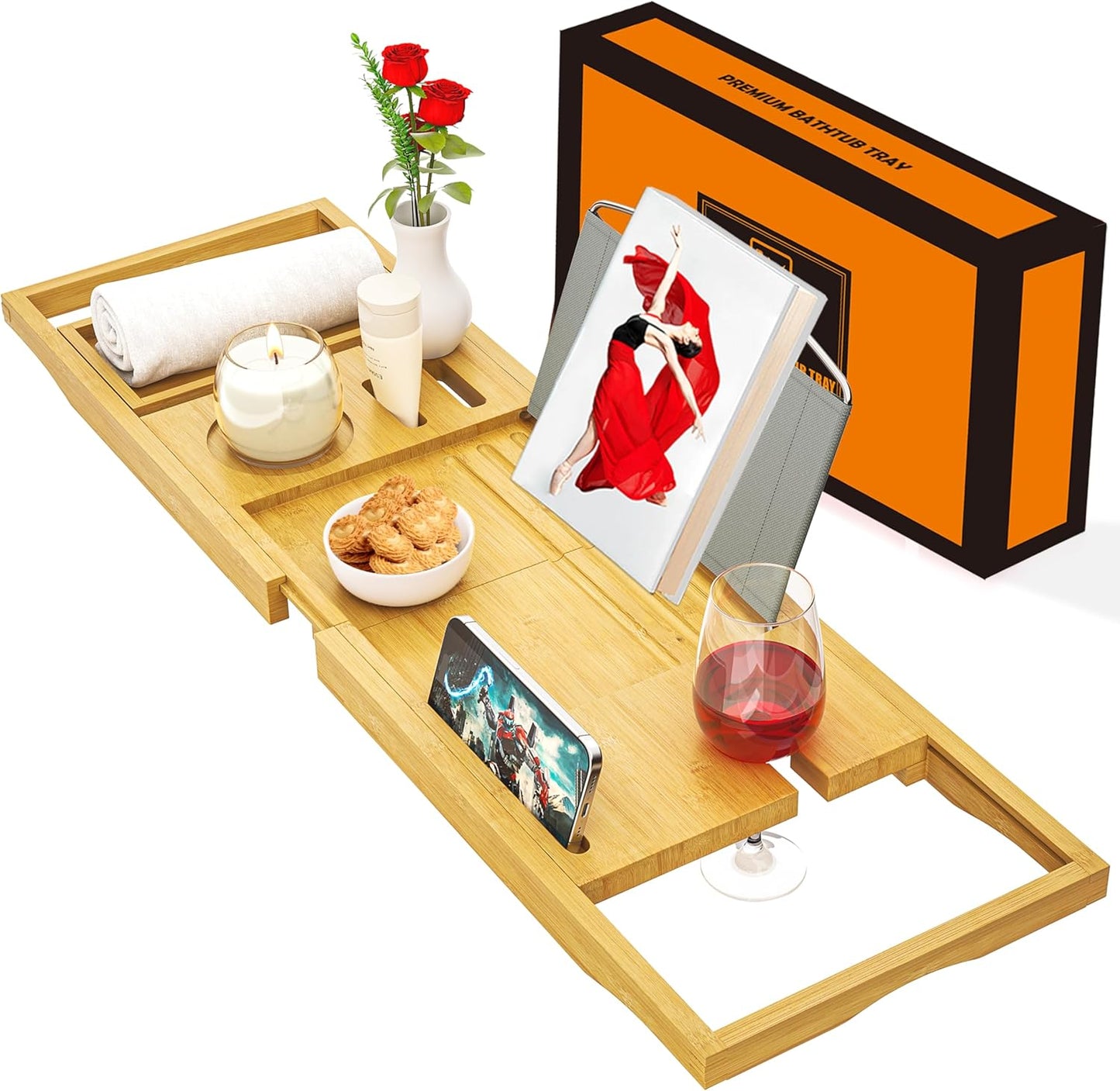 Premium Bathtub Tray Caddy, Expandable Bath Tray for Bath Tub, Bath/Bathtub Table Tray, Great House Warming, Anniversary & Wedding and Unique Birthday Gifts