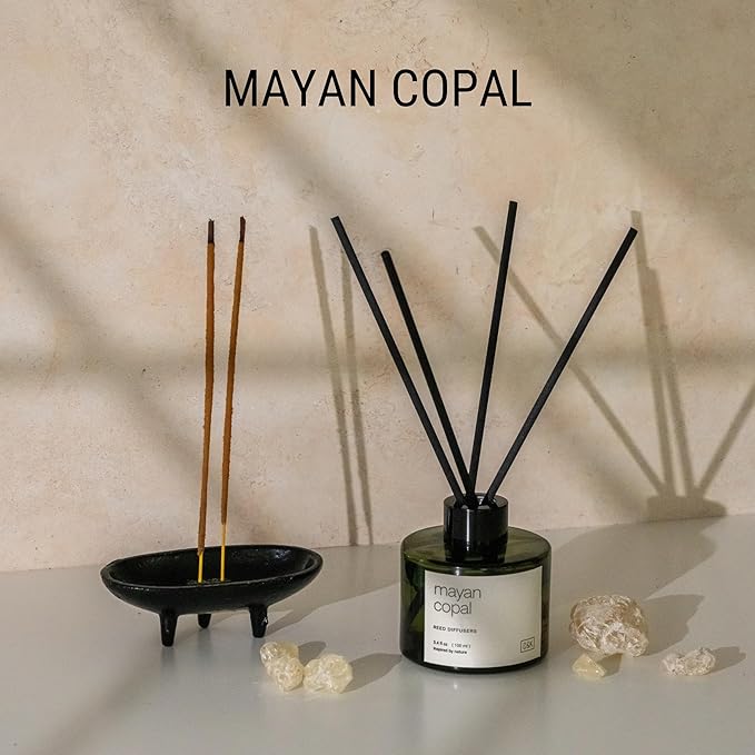 Craft & Kin Mayan Copal Christmas Reed Diffuser | All Natural Essential Oil & Rattan Scent Sticks | Winter Reed Diffusers for Home, Bathroom | Long Lasting Home Fragrance in Green Glass, 3.4oz