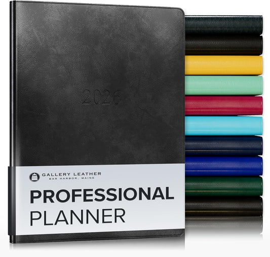 Gallery Leather Professional Weekly Monthly Planner 2026, Elegantly Bound Calendar Planner and Notebook with Stylish Gold-Gilded Page Edges, 12 Months - Acadia Black - 9 x 7 "