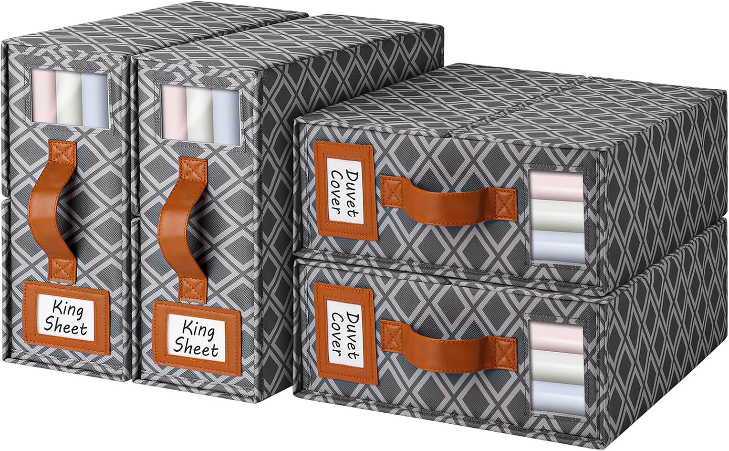 4 Pack Bed Sheet Organizers and Storage, (King & Queen Size) Sheet Organizer for Linen Closet, Foldable Bedding Storage Box with Window for Bedsheets, Duvet Cover and Pillowcase (Dark Grey 4 Pack)