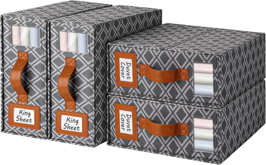 4 Pack Bed Sheet Organizers and Storage, (King & Queen Size) Sheet Organizer for Linen Closet, Foldable Bedding Storage Box with Window for Bedsheets, Duvet Cover and Pillowcase (Dark Grey 4 Pack)