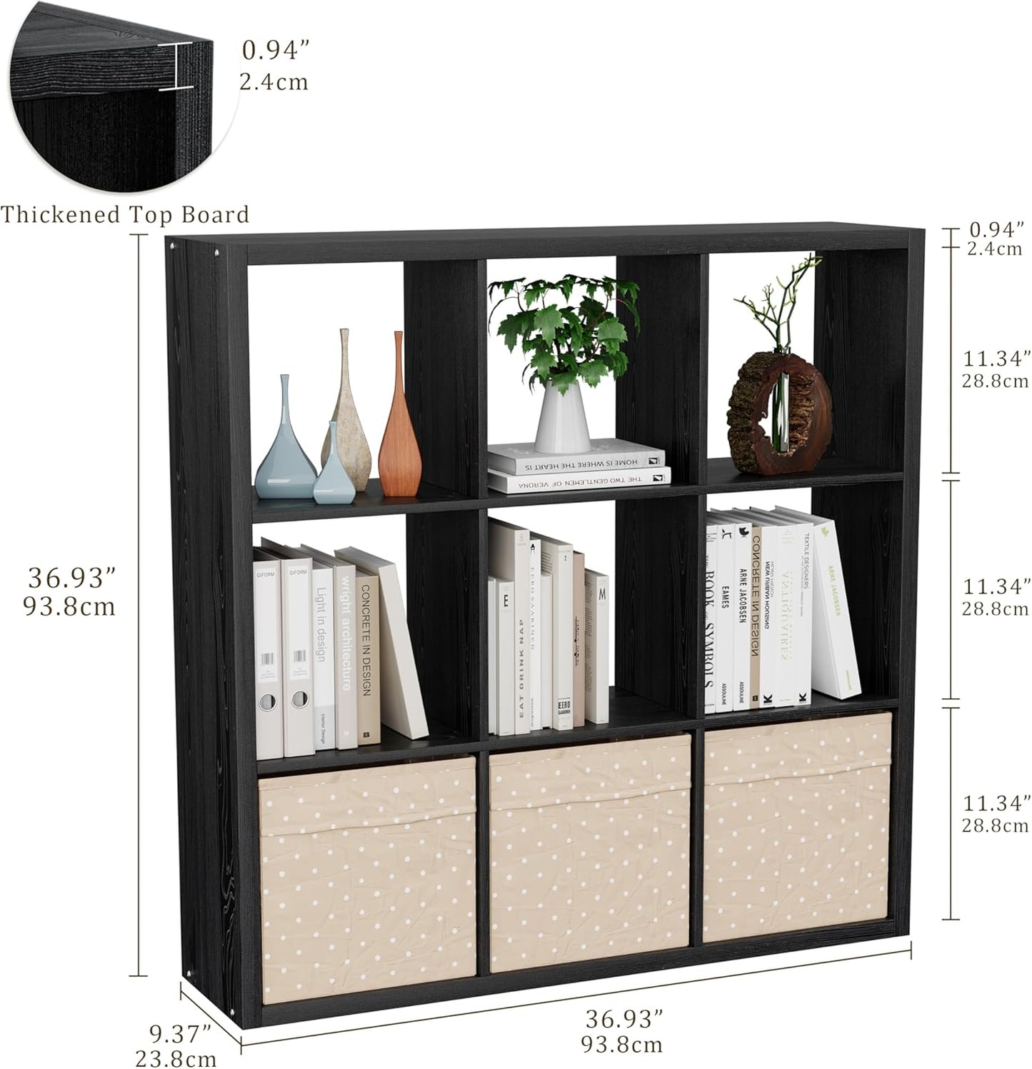 Cube Storage Organizer Bookcase, Decorative 11 inch Open Back Cubical Shelf with Thickened Border, Display Bookshelf for Living Room, Home Office, Sturdy Room (Black, 9 Cube)