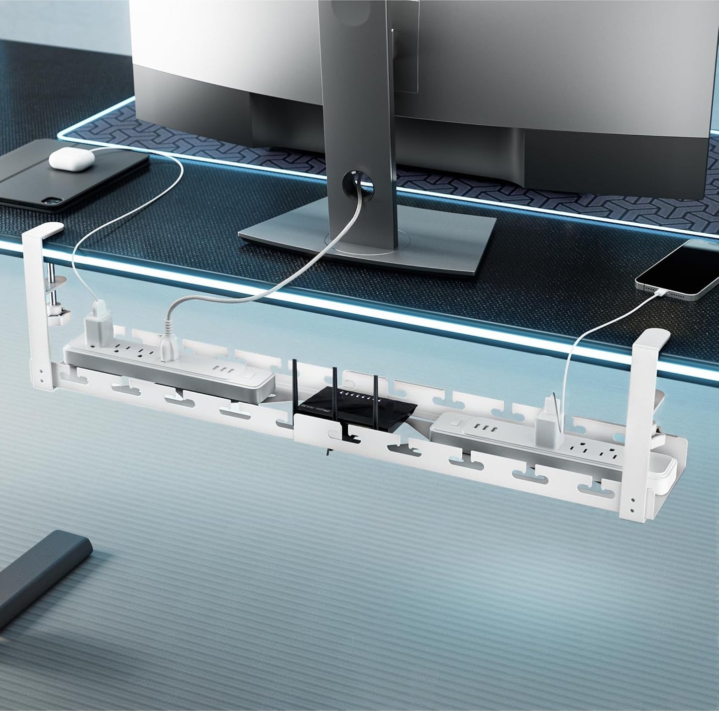 ARES WING 17"-28.7" Extendable Under Desk Cable Management Tray with Cable Slots, Clamp On Cord Organizer Holds Up to 11 lbs, White Metal Under Desk Storage for Office and Gaming Accessories