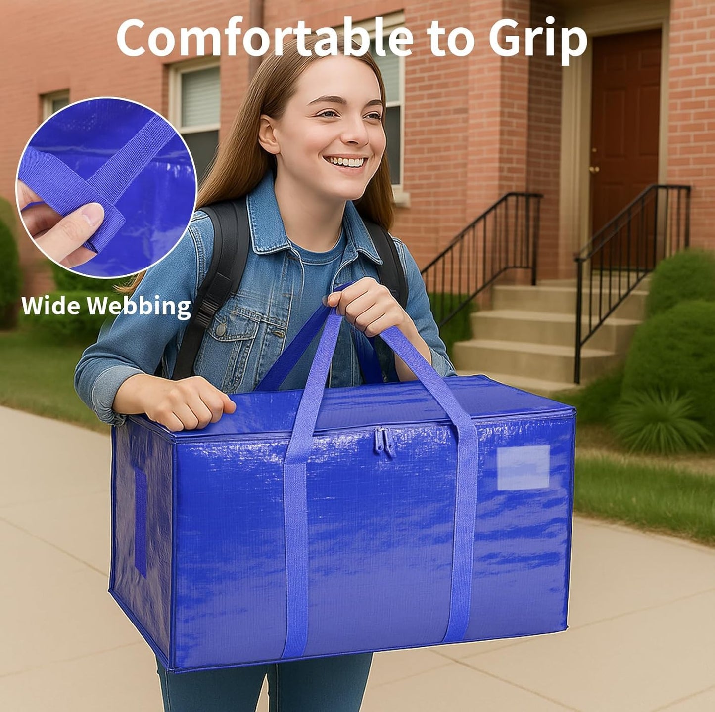 4 Pack-Extra Large Heavy Duty Moving Bags - Waterproof Storage Totes with Handles & Zippers, Foldable for College Dorm, Storage (Blue)