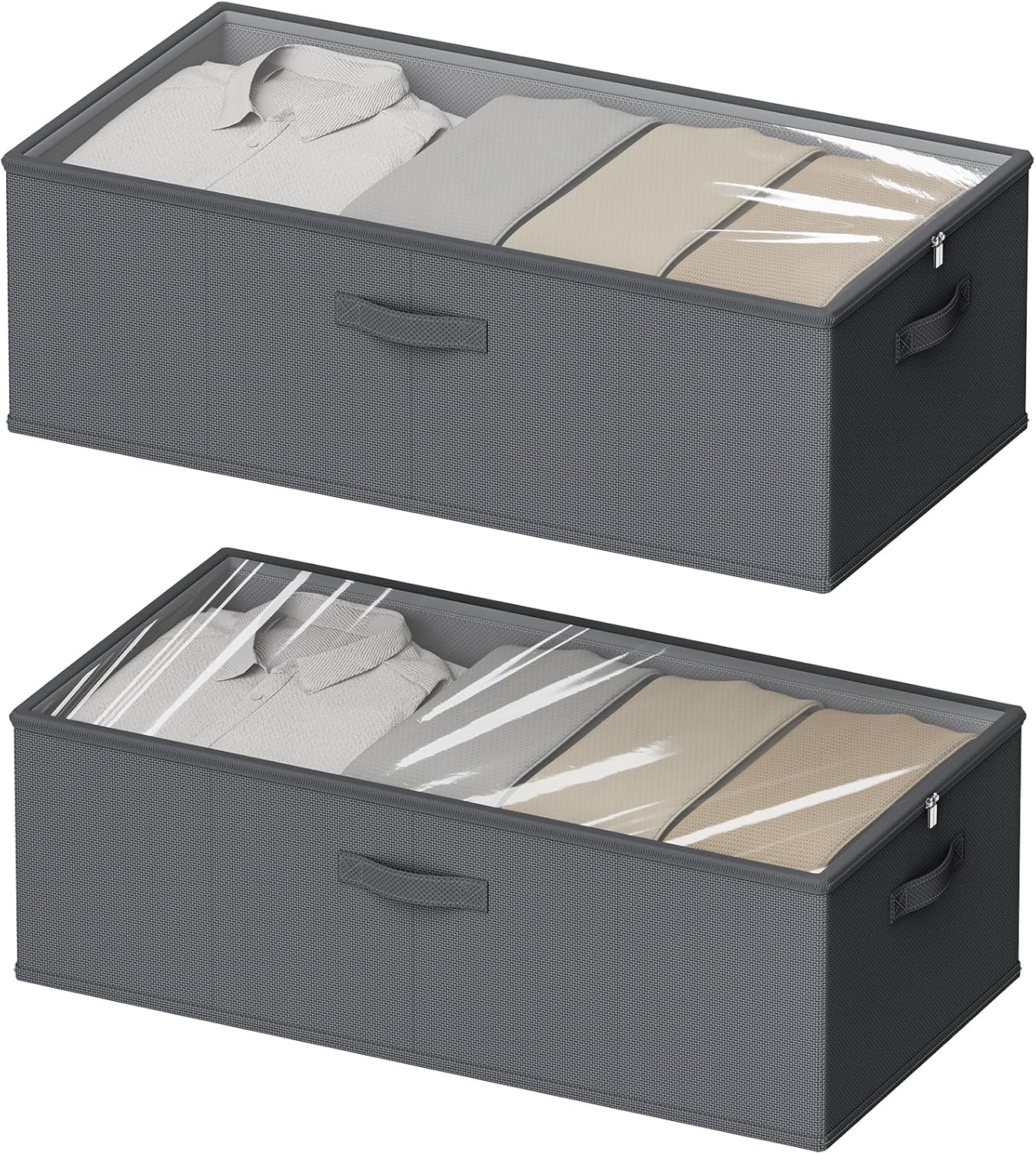 10 Inch 2 Pack Under Bed Storage Containers, 10 Inch Tall Underbed Clothes Storage Organizer Bin with Clear Window，Foldable Box Basket for Clothes, Closet, Bed Sheets and Blankets Gray