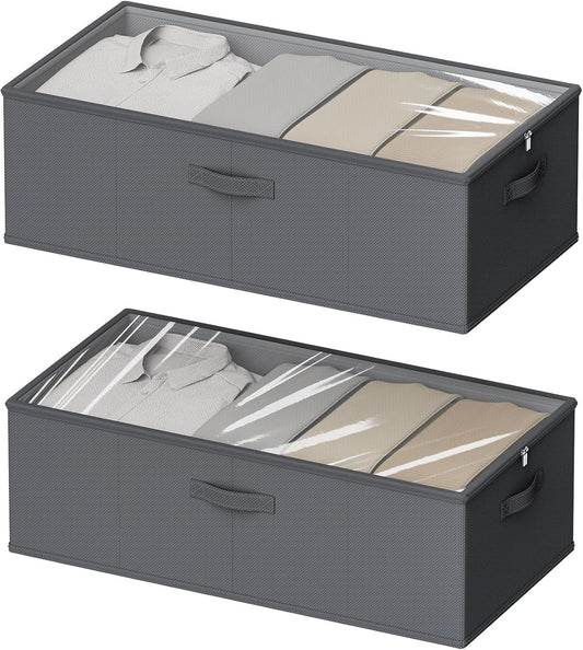 10 Inch 2 Pack Under Bed Storage Containers, 10 Inch Tall Underbed Clothes Storage Organizer Bin with Clear Window，Foldable Box Basket for Clothes, Closet, Bed Sheets and Blankets Gray