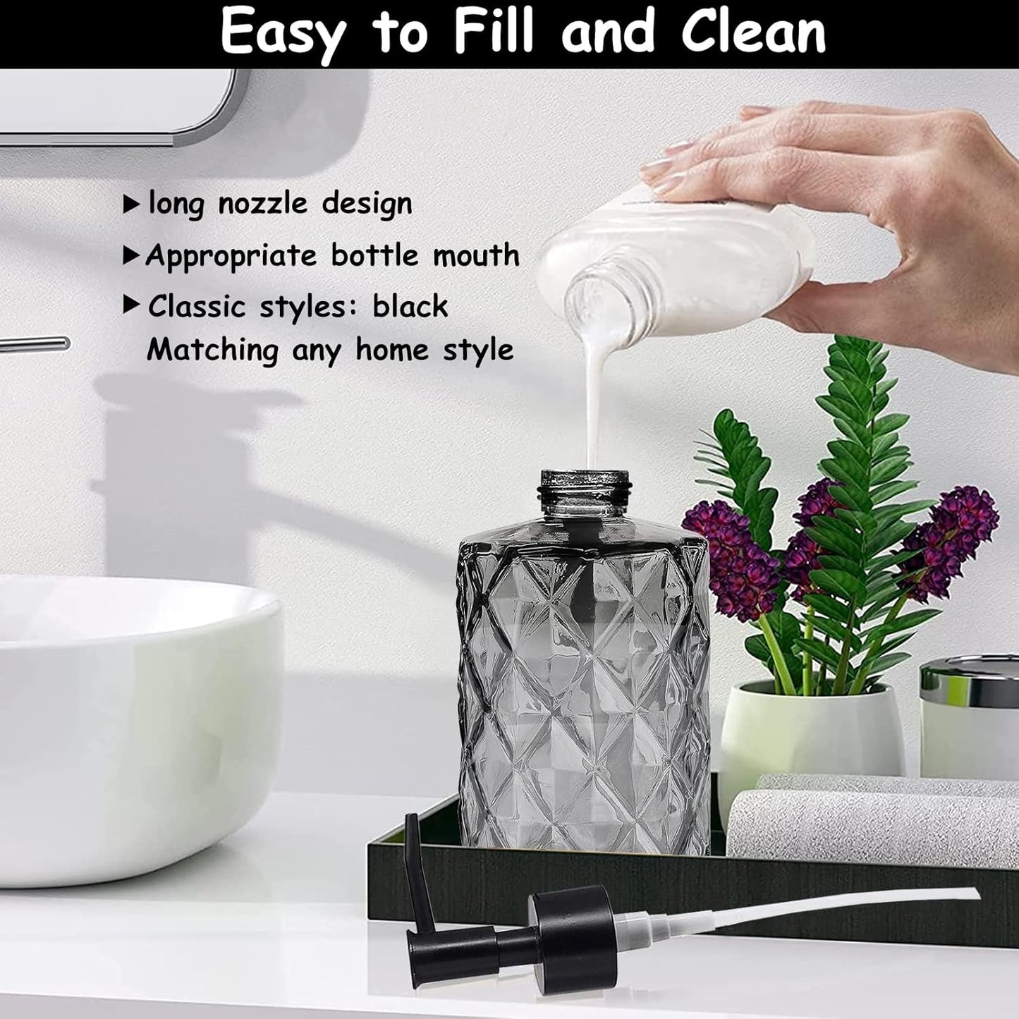 Glass Soap Dispenser with Black Plastic Pump, 12oz Refillable Liquid Hand Soap Dispenser, 2 Pack Crystal Lotion Bottle for Modern Home Decor, Bathroom, Kitchen Countertop, Hotel