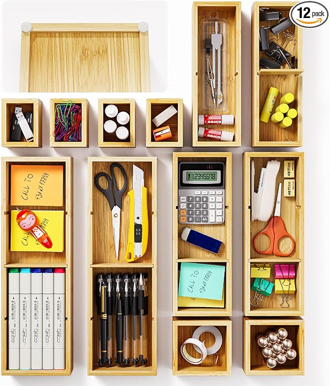12-Piece Bamboo Desk Drawer Organizer Tray – Adjustable Storage Boxes with 24 Adjustable Compartments for Office Drawer, Jewelry, Vanity & Desk Accessories
