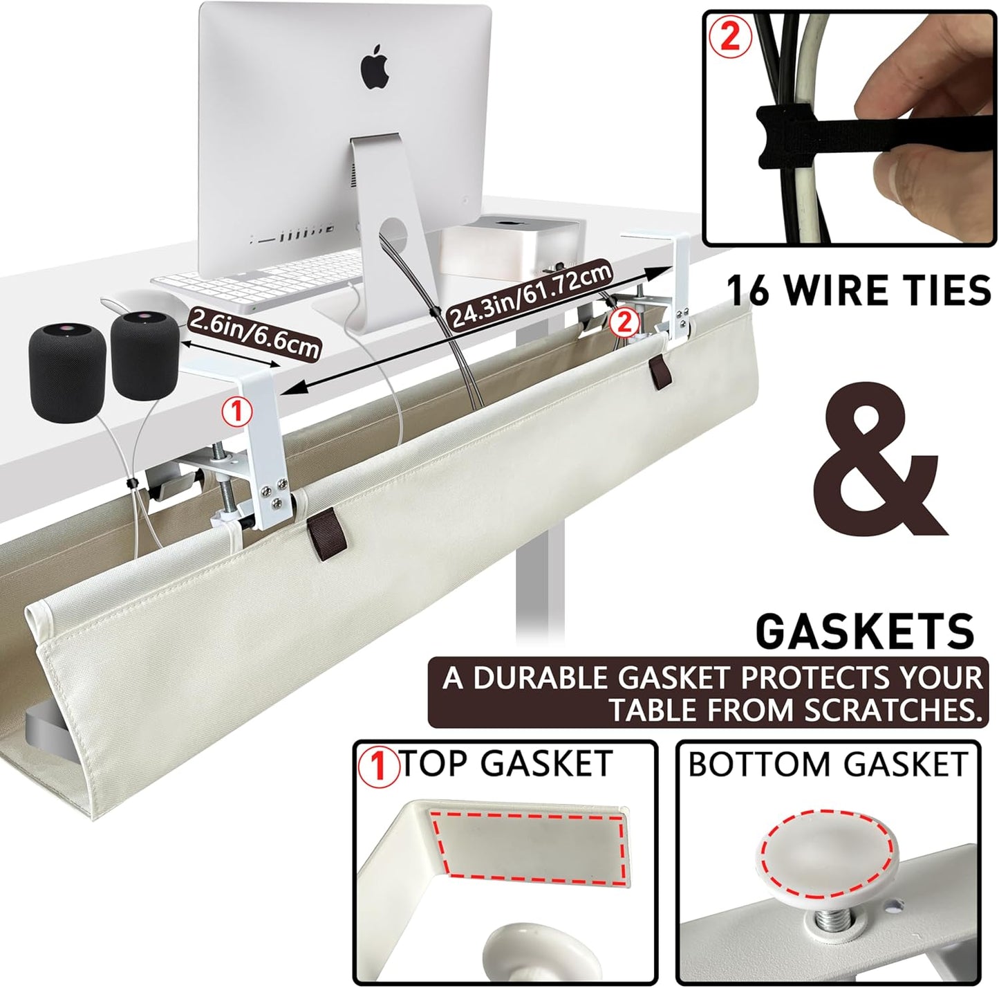 [Upgraded] Under Desk Cable Management, 36" Cord Organizer, with Silicone Pads (No Scratch!), 16 Cable Ties, Washable PE Honeycomb Base,Fits Any Desk 0-2.1", No Stinky Cardboard! Beige