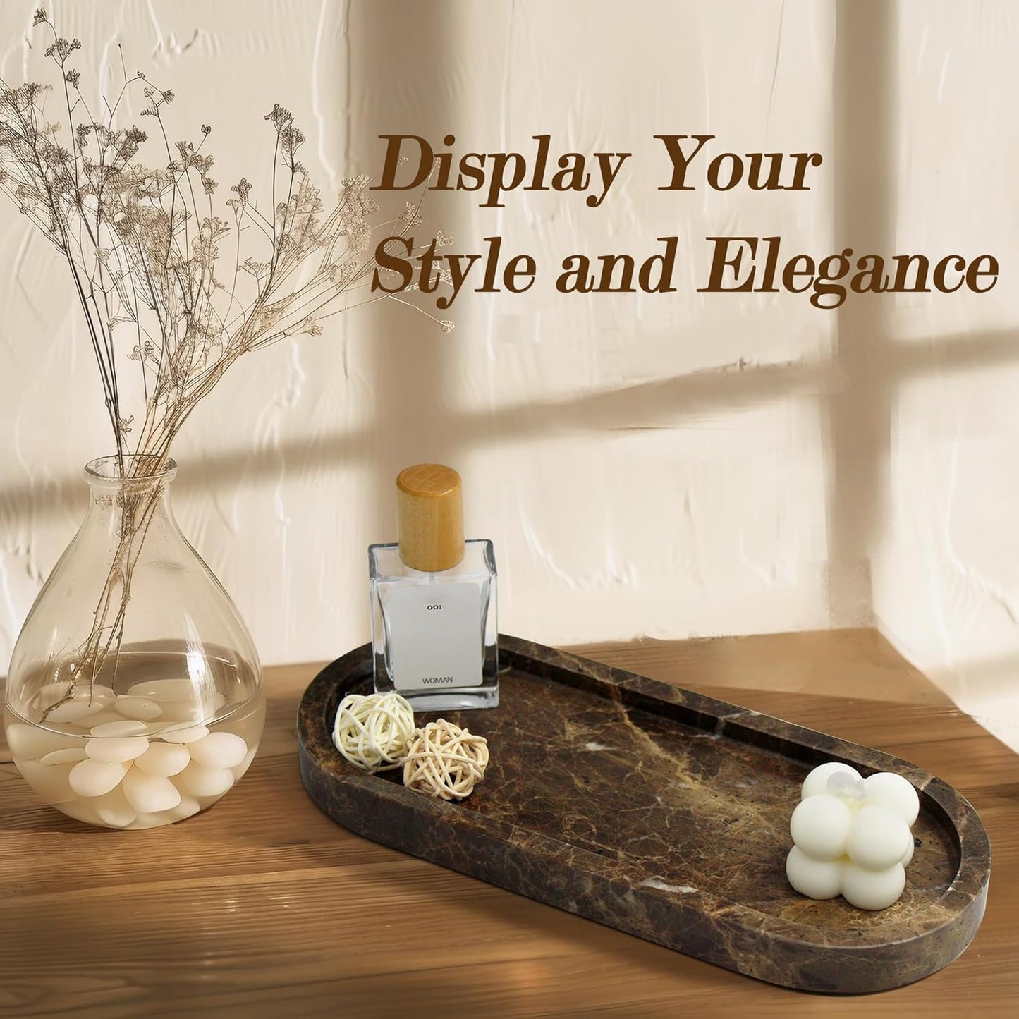 100% Real Natural Marble Tray for Bathroom, Luxury Dark Brown Stone Vanity Tray, Decorative Oval Trays for Countertop Storage Organizer, Vanity Dresser Kitchen Home Decor, 10.2" x 4.3", Brown