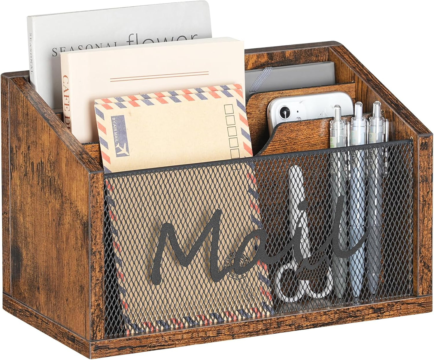 Mail Organizer Countertop, Mail Holder with 3 Slots, Mail Sorter for Desk, Wooden Office Desk Organizer, Mail Organizer for Magazines, Files, Papers, Folders, Rustic Brown and Black MR03BR