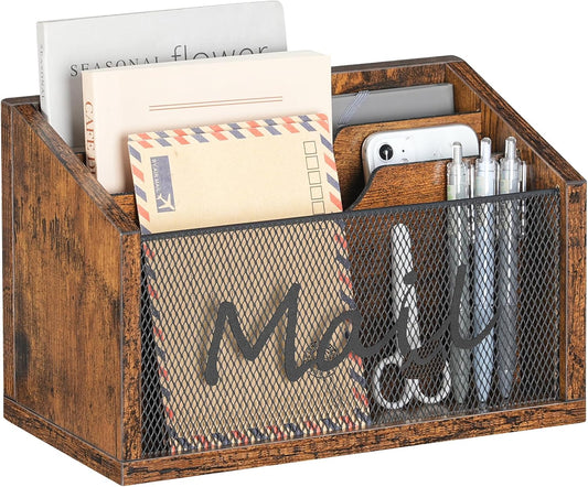 Mail Organizer Countertop, Mail Holder with 3 Slots, Mail Sorter for Desk, Wooden Office Desk Organizer, Mail Organizer for Magazines, Files, Papers, Folders, Rustic Brown and Black MR03BR