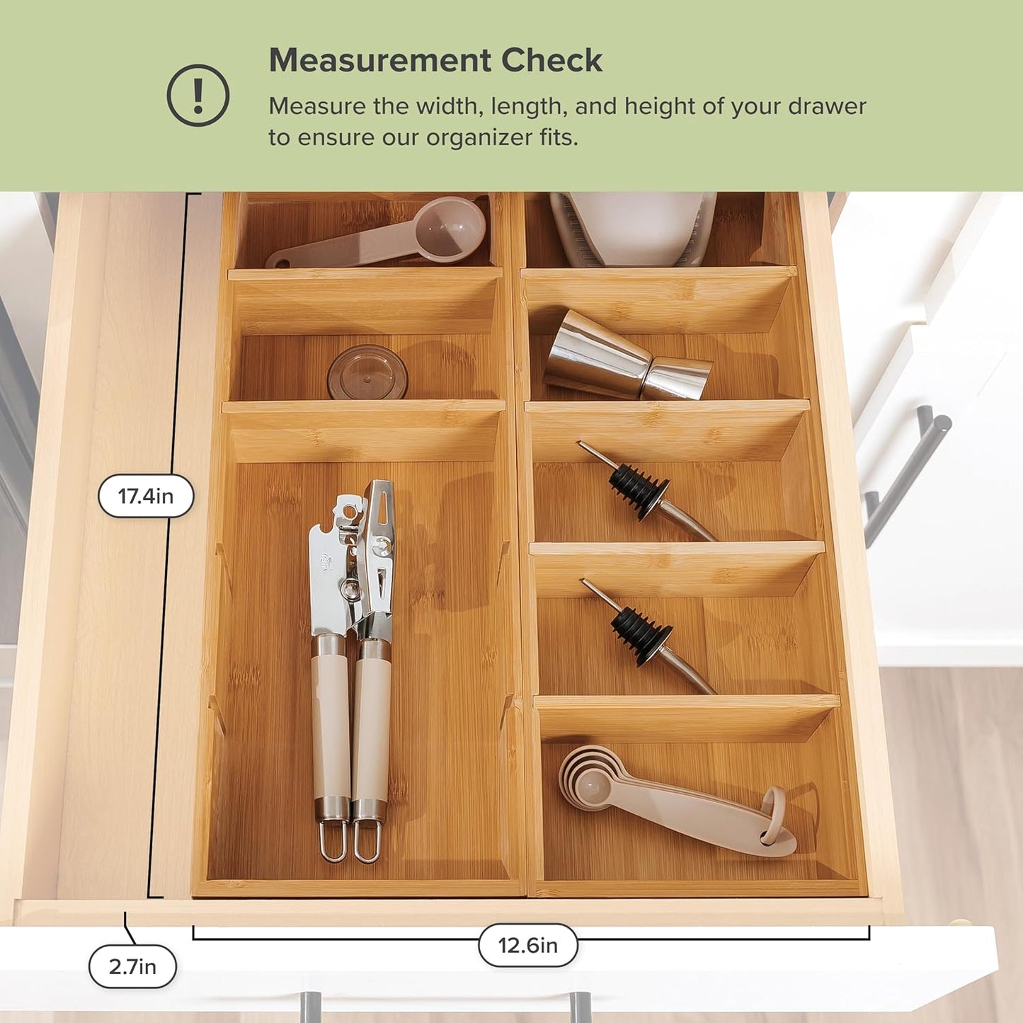 KitchenEdge Premium Kitchen Utensils and Junk Drawer Organizer – Small 5-Compartment Design with 4 Removable Dividers, Non-Slip Feet, 100% Sustainable Bamboo, 2 Pack