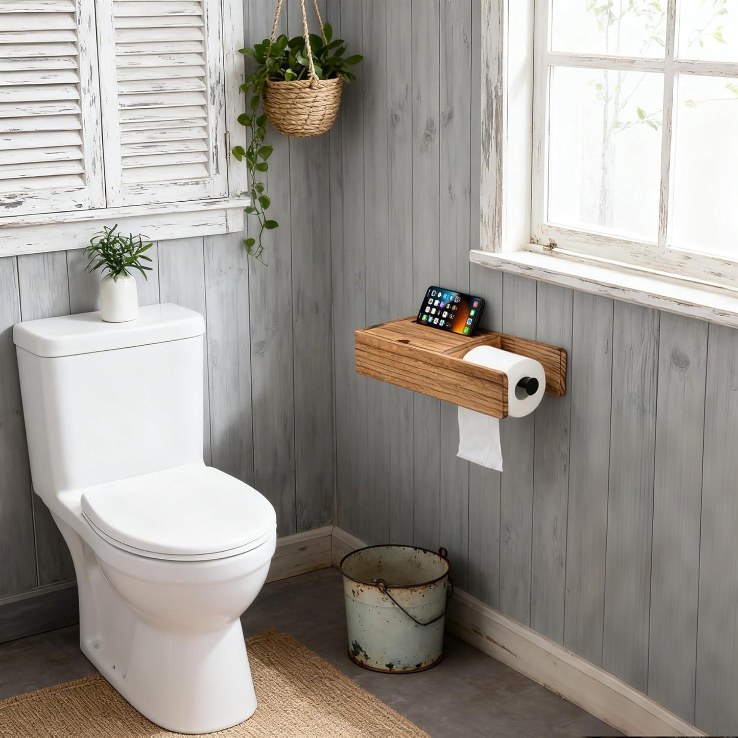 Toilet Paper Holder - Holder Phone & Wipes Holder, Adhesive Toilet Roll Holder Wooden Rustic, Hidden Storage Drawer for Wipes Tampon, Farmhouse Bathroom Decor