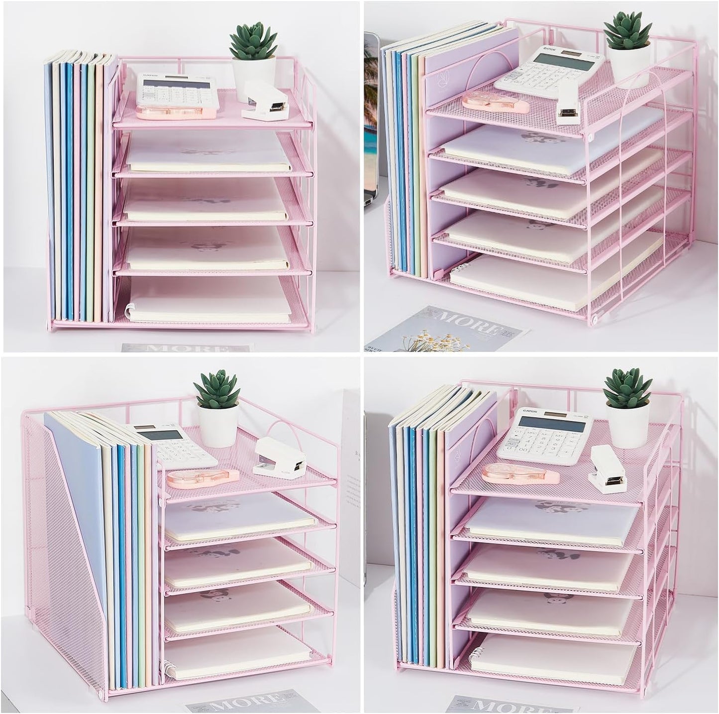 Desk Organizers and Accessories, 5-Tier Paper Letter Tray Organizer with File Holder, Desktop Organizer for Office Supplies (Pink)