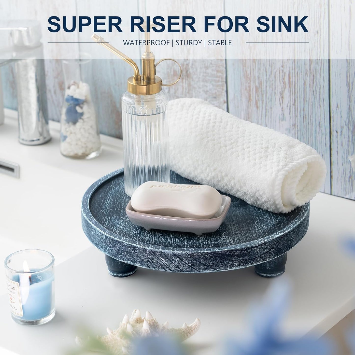 EOSAHR Decorative Display Risers for Living Room Decor - Farmhouse Wood Pedestal Stand for Kitchen Sink Organizer - Perfume Organizer for Bathroom Decor (Blue)