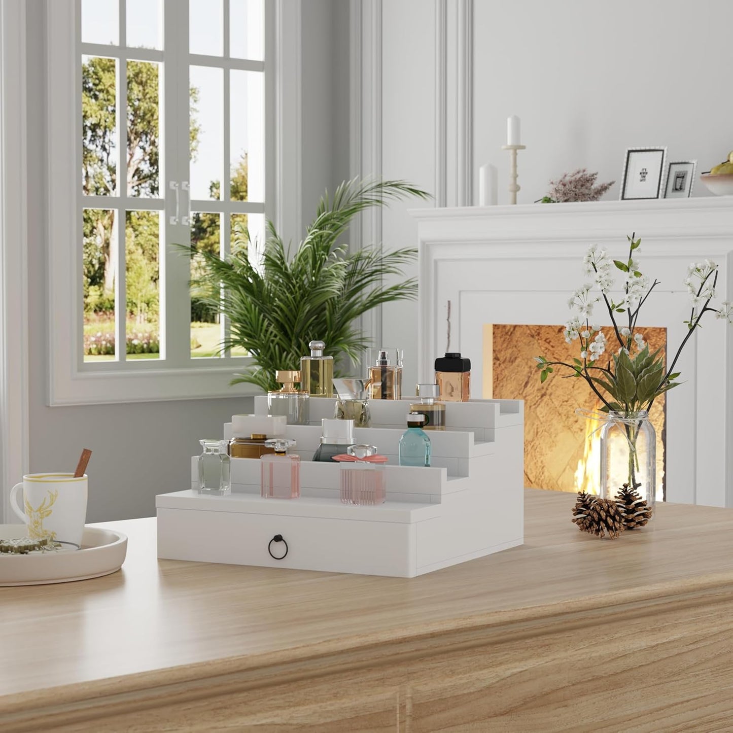 Blisse Cologne/Perfume Organizer, 4-Tier Storage Drawer with Hidden Compartments, Soft-Lined Display Case (White)