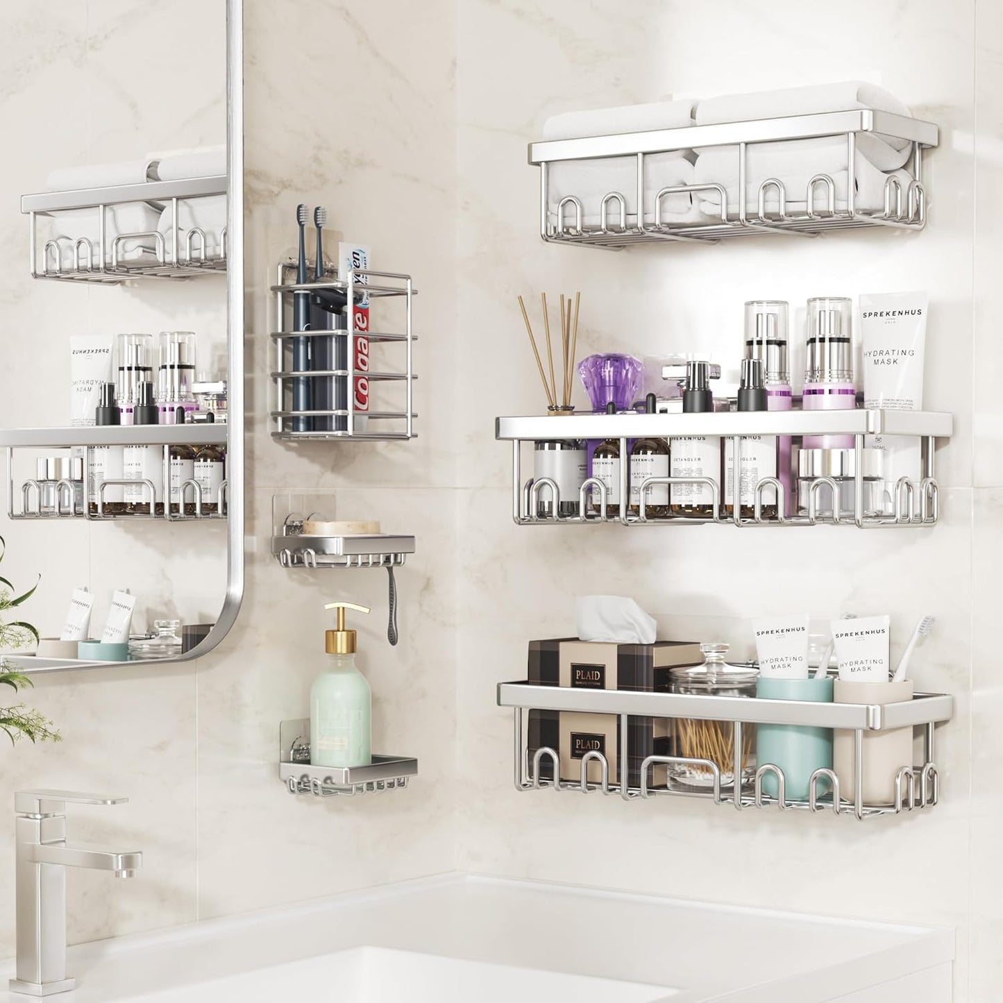 Veken Shower Caddy 6-Pack, Family Choice Award Winner, Large Wall Mounted Shower Rack, Bathroom Shelves Over Toilet, Organizer Storage Accessories with Soap Dish & Toothbrush Holder, Silver