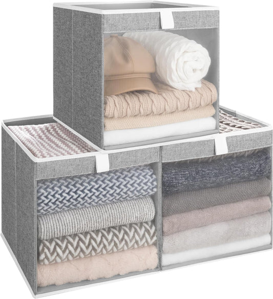 StorageWorks 13x13 Storage Cubes, Closet Storage Bins with Clear Window, Large Fabric Organizer for Clothes, Collapsible Storage Baskets with Handles, Gray, 3-Pack