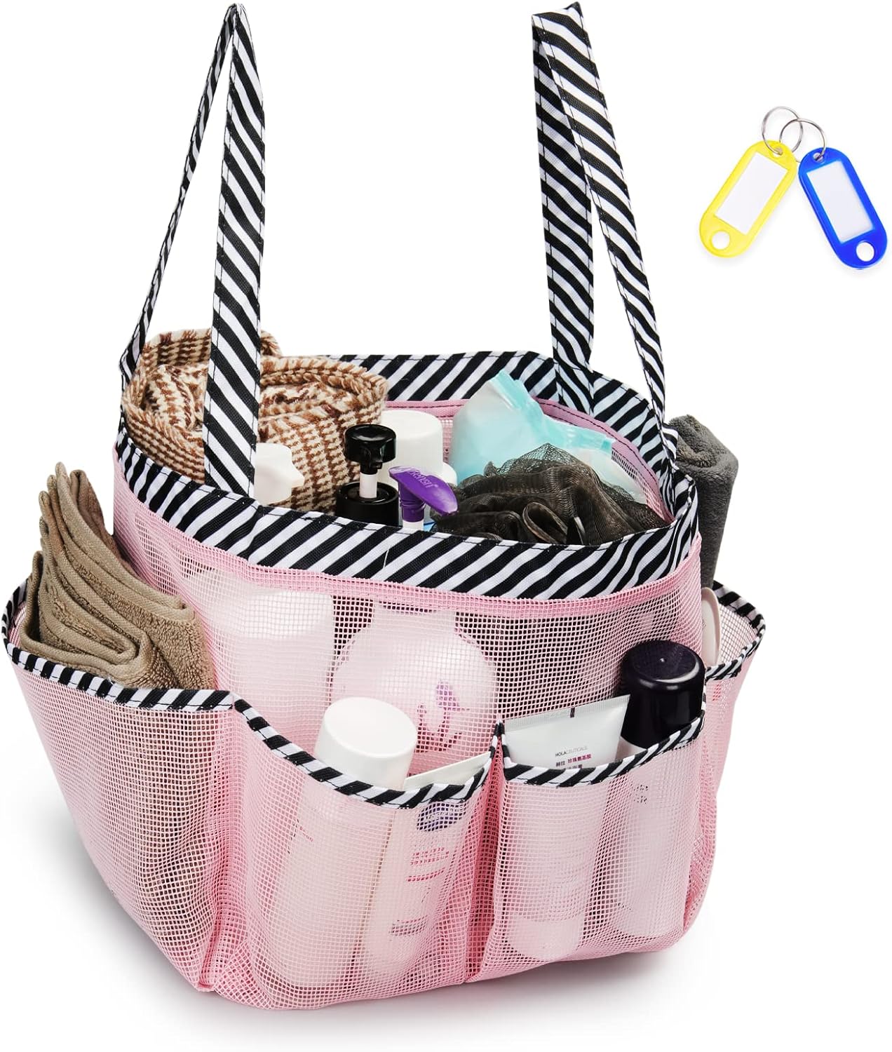 Temede Mesh Shower Caddy Tote, Large Shower Caddy Basket Portable, Quick Dry Hanging Toiletry Bag, 8 Storage Pocket Bath Organizer for College Dorm Room, Gym, Bathroom, Camp, Travel (Pink+Stripes)