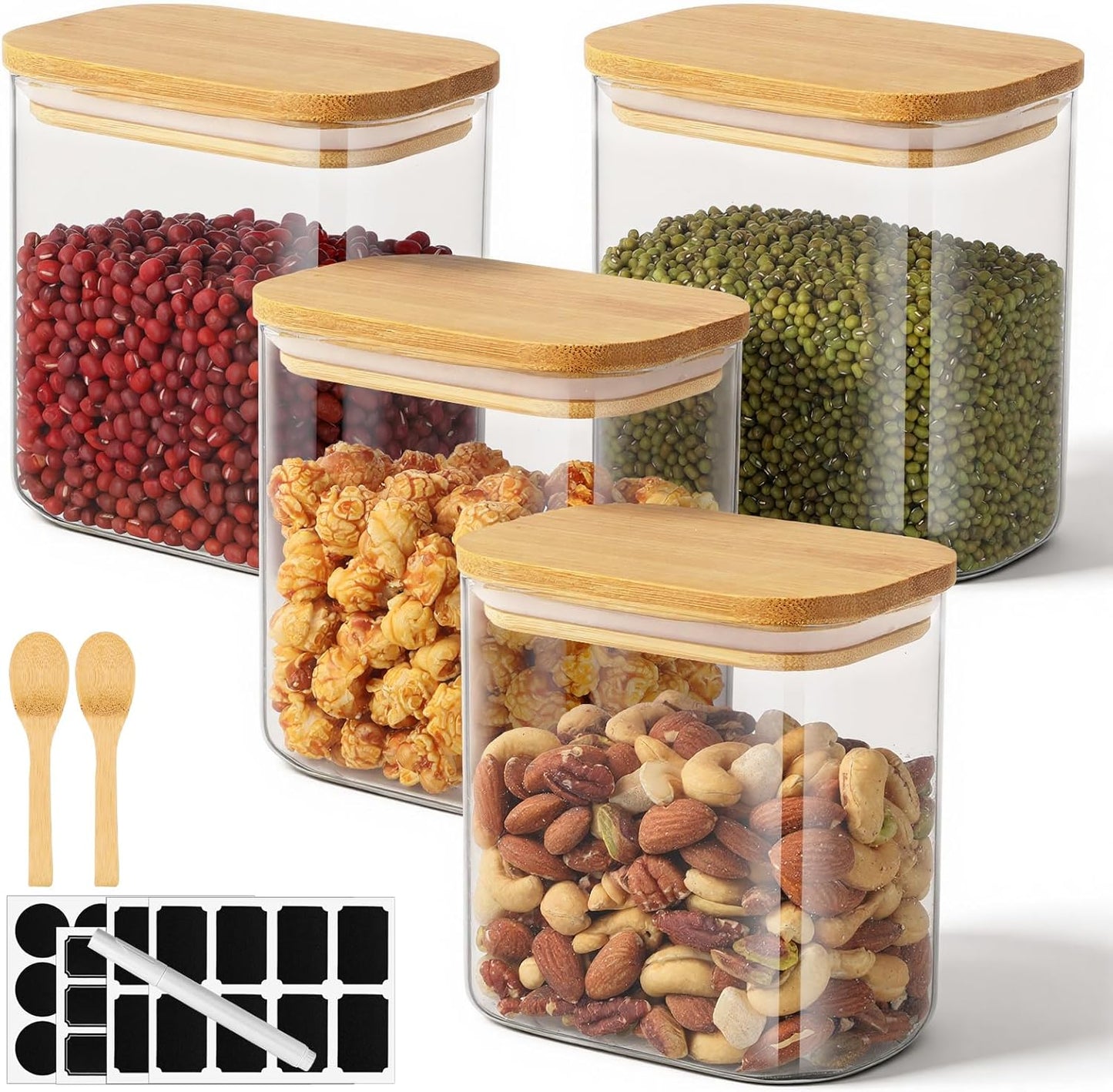 27oz Glass Storage Jars Set of 4, Rectangle Glass Jars with Bamboo Lids, Clear Empty Kitchen Pantry Storage Containers, Loose Tea Container for Sugar, Coffee Bean, Cereal, Flour, Spice, Nuts