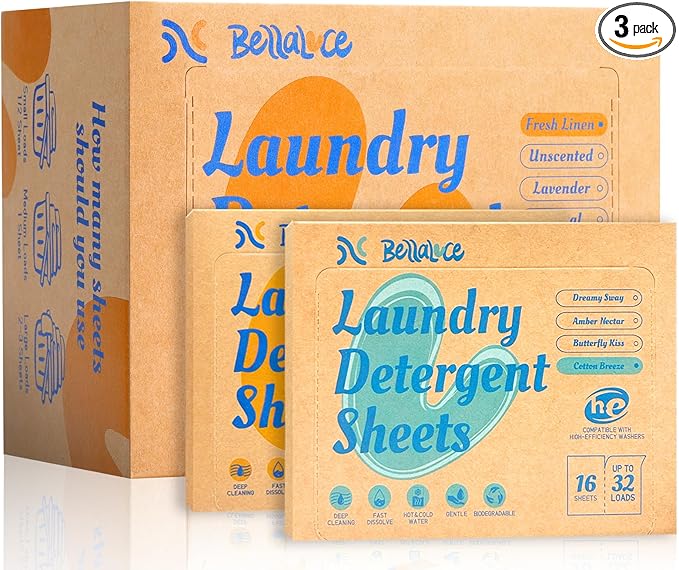 BellaLuce Laundry Detergent Sheets: 1 Home Size (240 Loads, Fresh Linen) & 2 Travel Size (32 Loads, Fresh Linen & Cotton Breeze) | Portable for College, Dorm, Hotel, Family