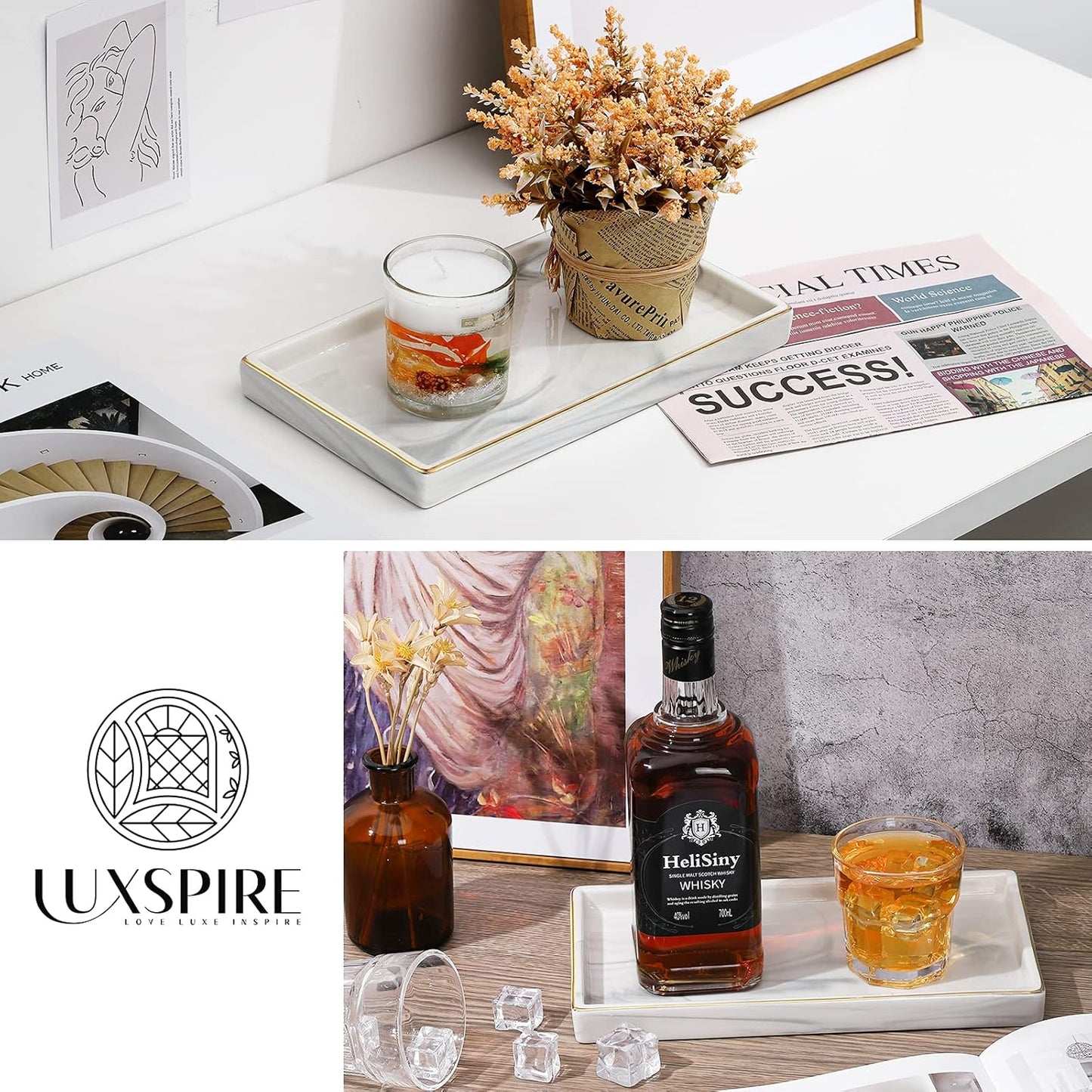 Luxspire Marble Ceramic Vanity Tray - 11" Gold and White Counter Tray for Dresser, Kitchen, Perfume, Bathroom Accessories