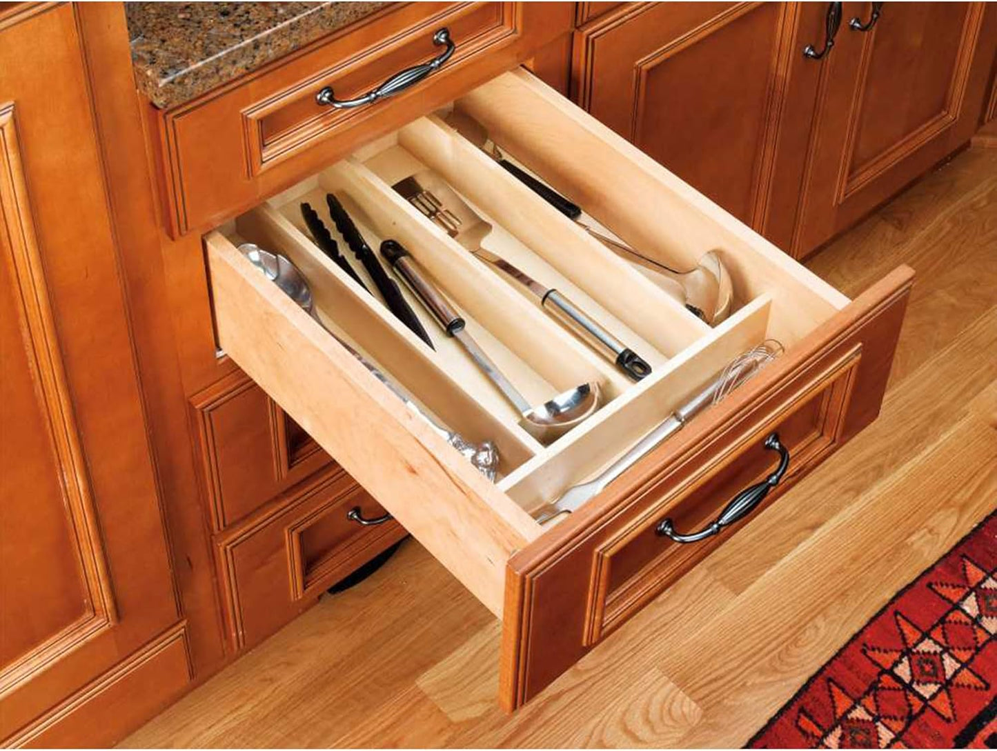 Rev-A-Shelf Trim-to-Fit Silverware Drawer Organizer For Kitchen Utensils, Cutlery Cabinet Storage Divider Insert, 18.5" x 22", Maple Wood, 4WUT-1
